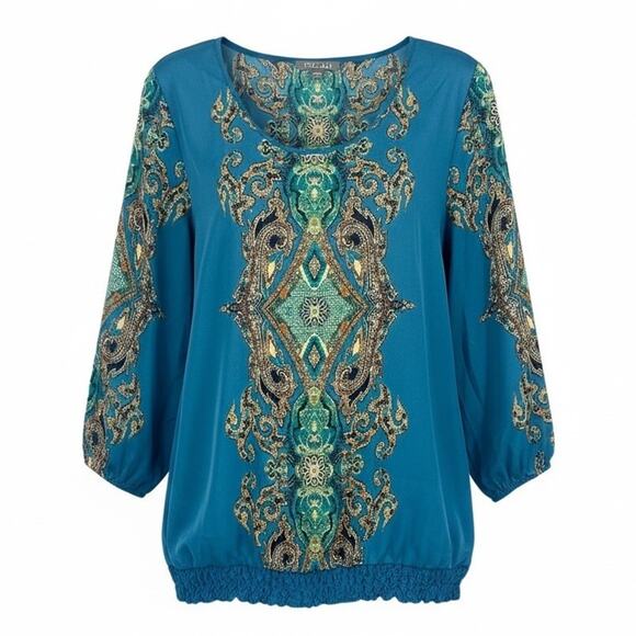 Roz & Ali Womens Boho 1X Teal Baroque Print Blouse 3/4 Sleeve Bubble Hem Top - Picture 1 of 16